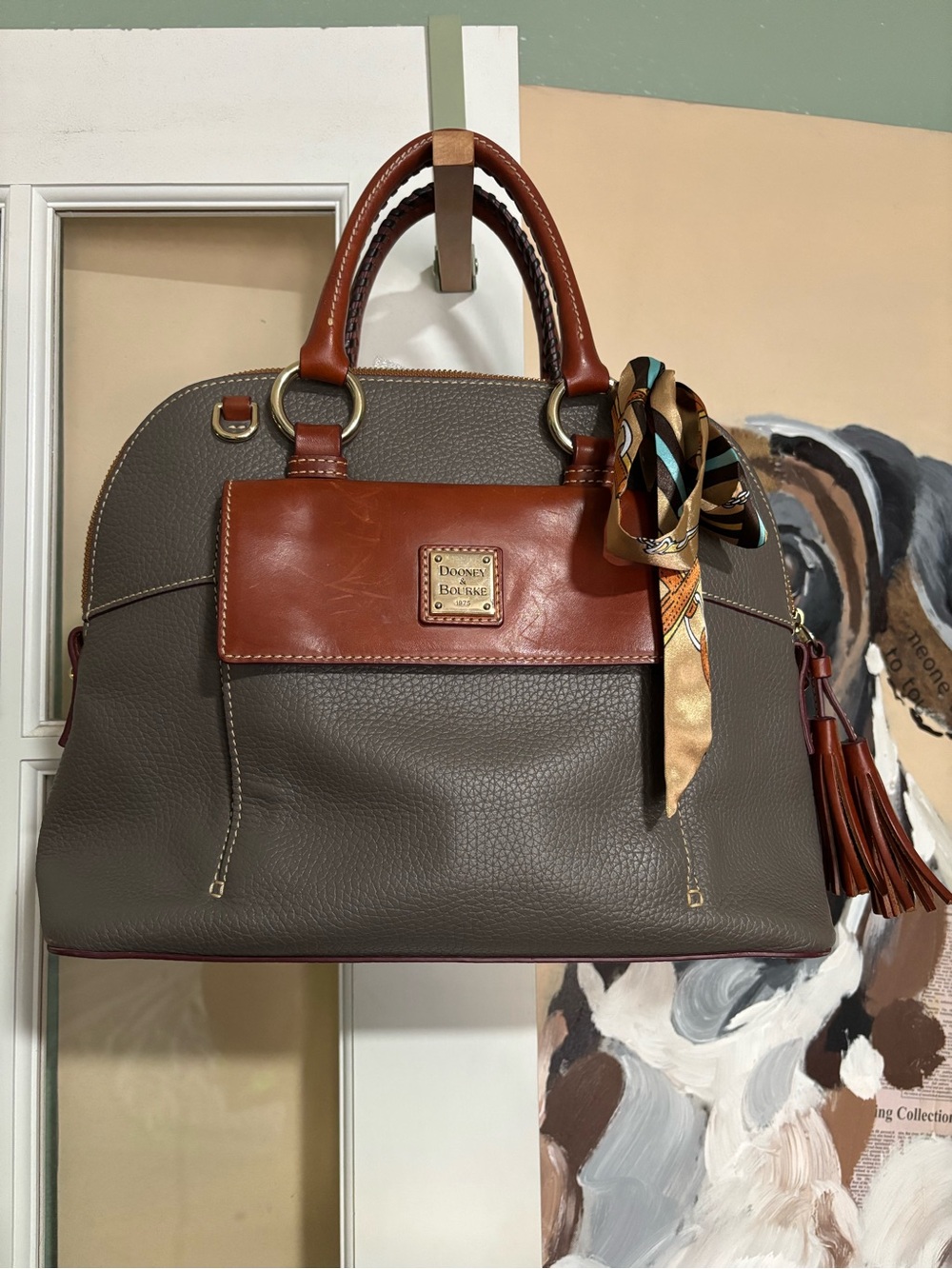 Dooney & Bourke Gray and Brown Pebbled Leather Satchel with Scarf